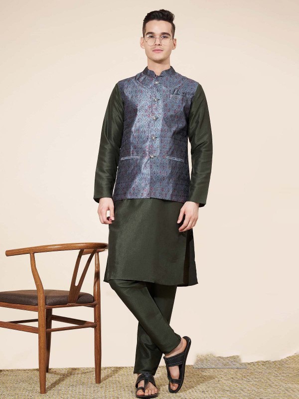 Dark Green Pure Silk Readymade Kurta Pajama With Jacket